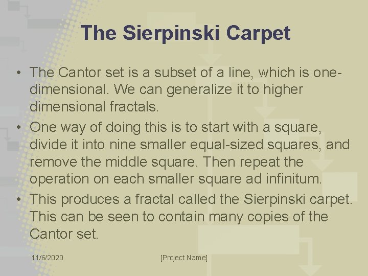 The Sierpinski Carpet • The Cantor set is a subset of a line, which