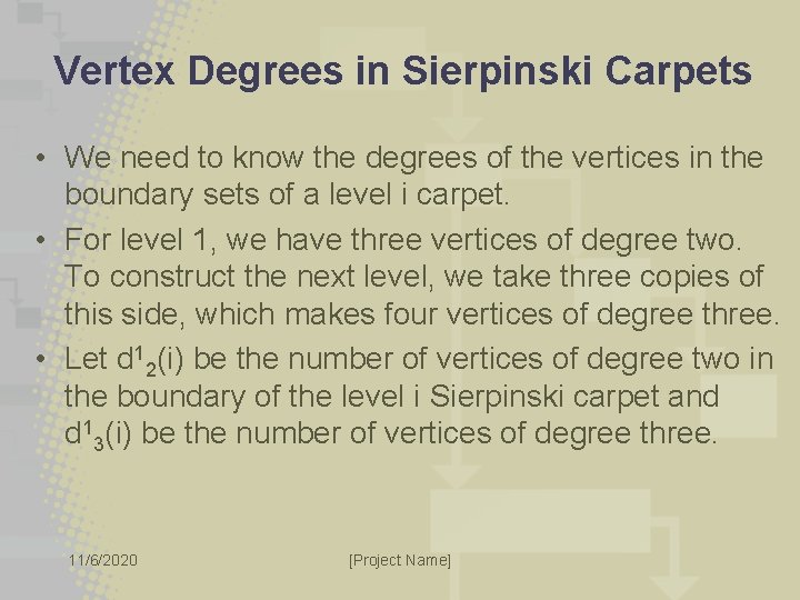 Vertex Degrees in Sierpinski Carpets • We need to know the degrees of the