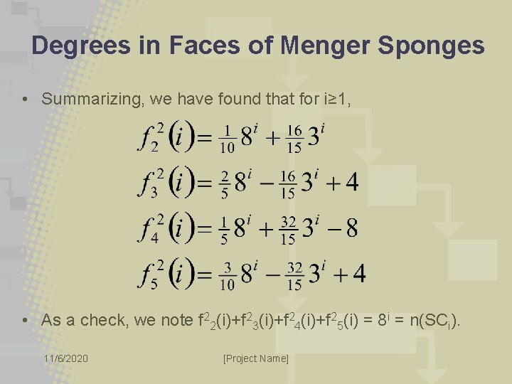Degrees in Faces of Menger Sponges • Summarizing, we have found that for i≥