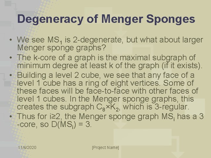 Degeneracy of Menger Sponges • We see MS 1 is 2 -degenerate, but what