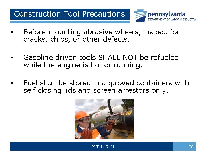 Construction Tool Precautions • Before mounting abrasive wheels, inspect for cracks, chips, or other