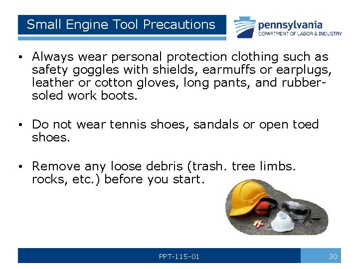Small Engine Tool Precautions • Always wear personal protection clothing such as safety goggles