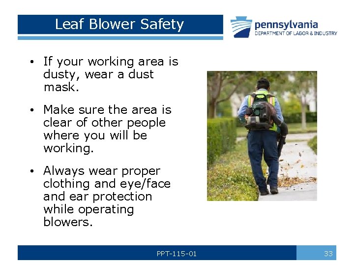 Leaf Blower Safety • If your working area is dusty, wear a dust mask.