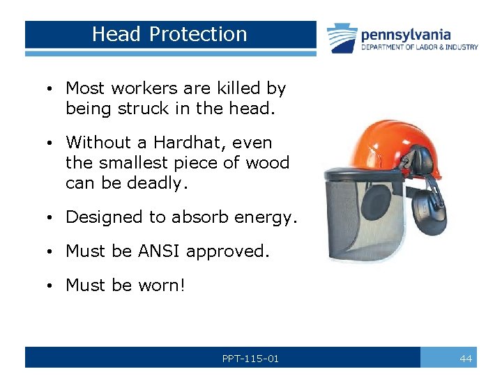 Head Protection • Most workers are killed by being struck in the head. •