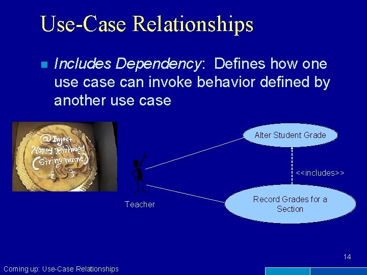 Use-Case Relationships n Includes Dependency: Defines how one use can invoke behavior defined by
