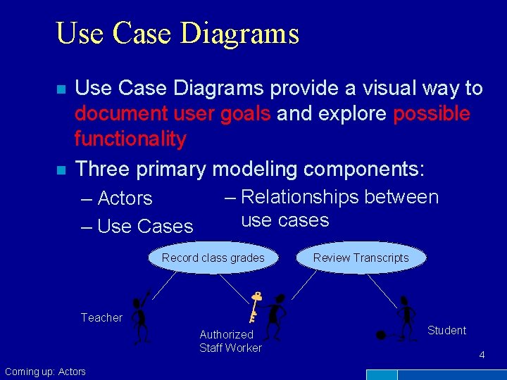 Use Case Diagrams n n Use Case Diagrams provide a visual way to document