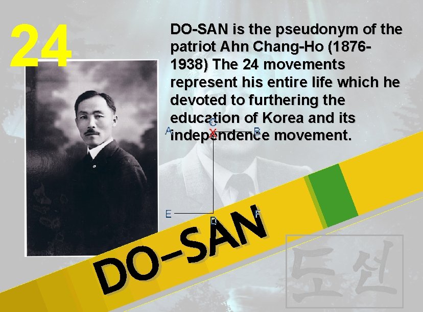 24 DO-SAN is the pseudonym of the patriot Ahn Chang-Ho (18761938) The 24 movements