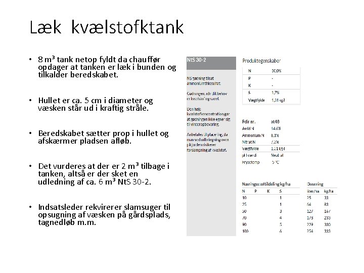Læk kvælstofktank • 8 m³ tank netop fyldt da chauffør opdager at tanken er