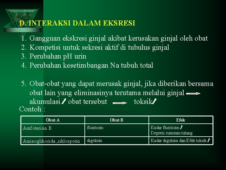 D. INTERAKSI DALAM EKSRESI 1. 2. 3. 4. Gangguan ekskresi ginjal akibat kerusakan ginjal