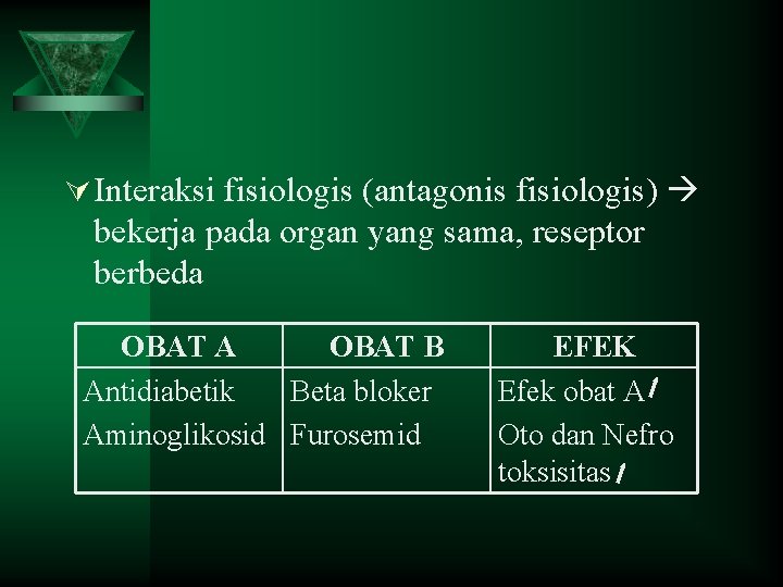 Ú Interaksi fisiologis (antagonis fisiologis) bekerja pada organ yang sama, reseptor berbeda OBAT A