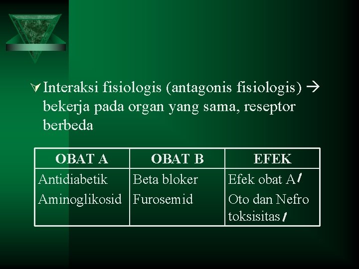 Ú Interaksi fisiologis (antagonis fisiologis) bekerja pada organ yang sama, reseptor berbeda OBAT A Ú Interaksi fisiologis (antagonis fisiologis) bekerja pada organ yang sama, reseptor berbeda OBAT A