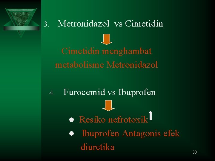 3. Metronidazol vs Cimetidin menghambat metabolisme Metronidazol 4. Furocemid vs Ibuprofen Resiko nefrotoxik l