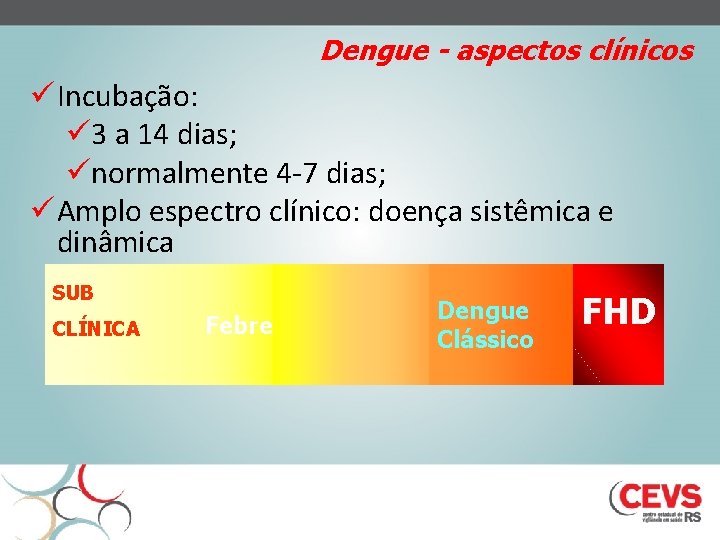 Dengue - aspectos clínicos ü Incubação: ü 3 a 14 dias; ünormalmente 4 -7