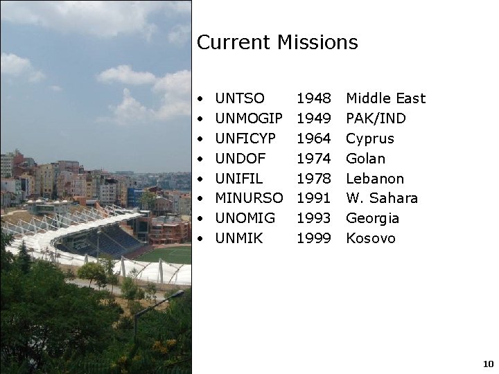 Current Missions • • UNTSO UNMOGIP UNFICYP UNDOF UNIFIL MINURSO UNOMIG UNMIK 1948 1949
