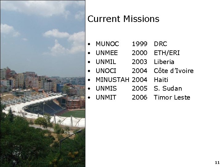 Current Missions • • MUNOC UNMEE UNMIL UNOCI MINUSTAH UNMIS UNMIT 1999 2000 2003