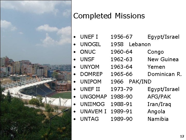 Completed Missions • • • UNEF I UNOGIL ONUC UNSF UNYOM DOMREP UNIPOM UNEF