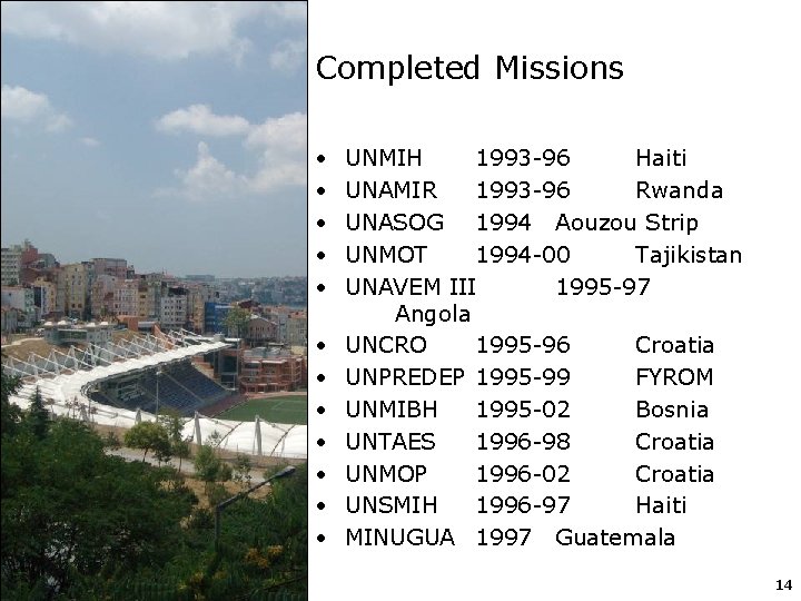 Completed Missions • • • UNMIH 1993 -96 Haiti UNAMIR 1993 -96 Rwanda UNASOG