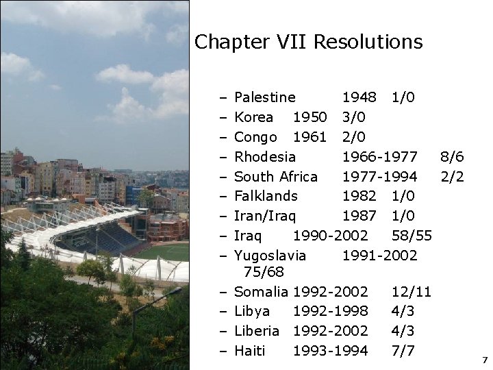 Chapter VII Resolutions – – – – Palestine 1948 1/0 Korea 1950 3/0 Congo