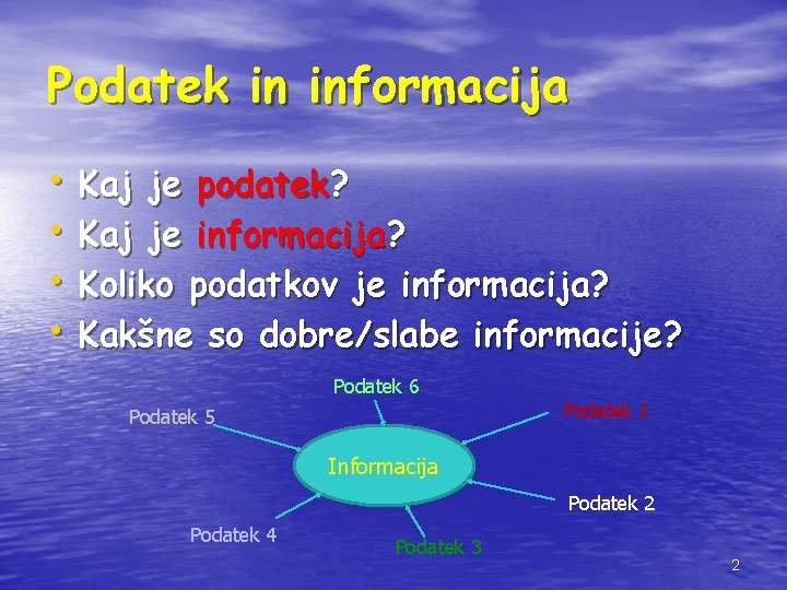 Podatek in informacija • Kaj je podatek? • Kaj je informacija? • Koliko podatkov