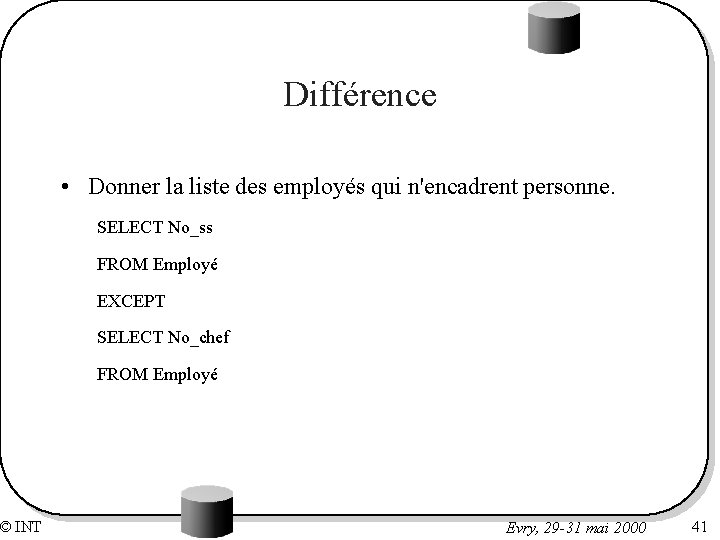 © INT Différence • Donner la liste des employés qui n'encadrent personne. SELECT No_ss