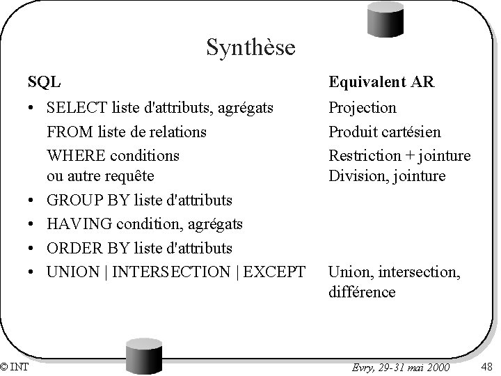 Synthèse SQL • SELECT liste d'attributs, agrégats FROM liste de relations WHERE conditions ou