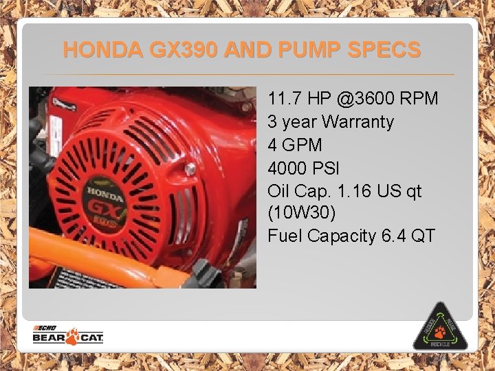 HONDA GX 390 AND PUMP SPECS 11. 7 HP @3600 RPM 3 year Warranty