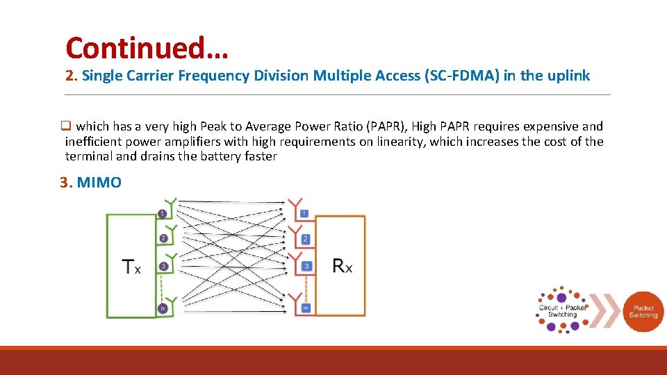 Continued… 2. Single Carrier Frequency Division Multiple Access (SC-FDMA) in the uplink q which