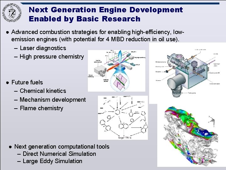 Next Generation Engine Development Enabled by Basic Research ● Advanced combustion strategies for enabling