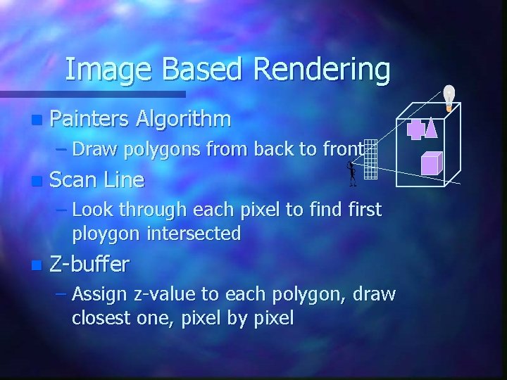 Image Based Rendering n Painters Algorithm – Draw polygons from back to front n Image Based Rendering n Painters Algorithm – Draw polygons from back to front n