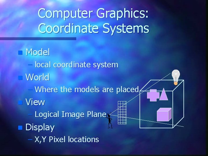 Computer Graphics: Coordinate Systems n Model – local coordinate system n World – Where Computer Graphics: Coordinate Systems n Model – local coordinate system n World – Where