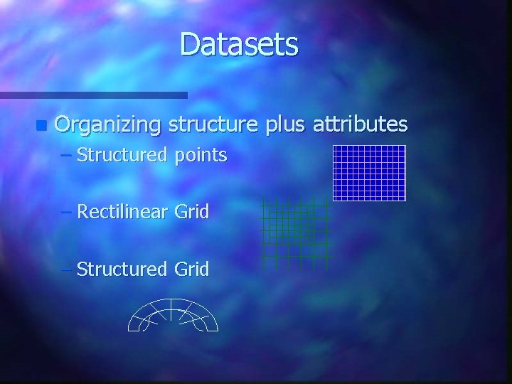 Datasets n Organizing structure plus attributes – Structured points – Rectilinear Grid – Structured Datasets n Organizing structure plus attributes – Structured points – Rectilinear Grid – Structured