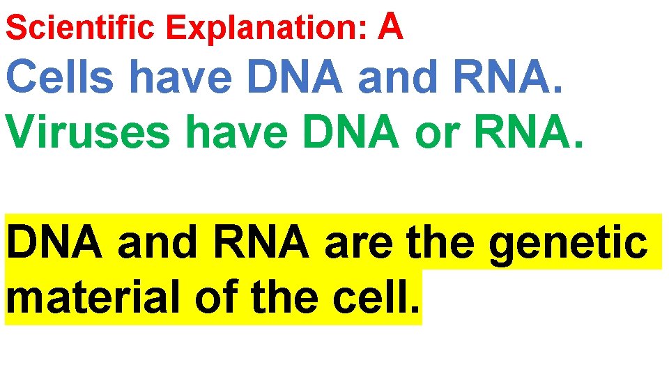 Scientific Explanation: A Cells have DNA and RNA. Viruses have DNA or RNA. DNA