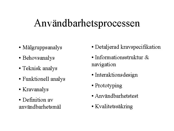 Användbarhetsprocessen • Målgruppsanalys • Detaljerad kravspecifikation • Behovsanalys • Informationsstruktur & navigation • Teknisk