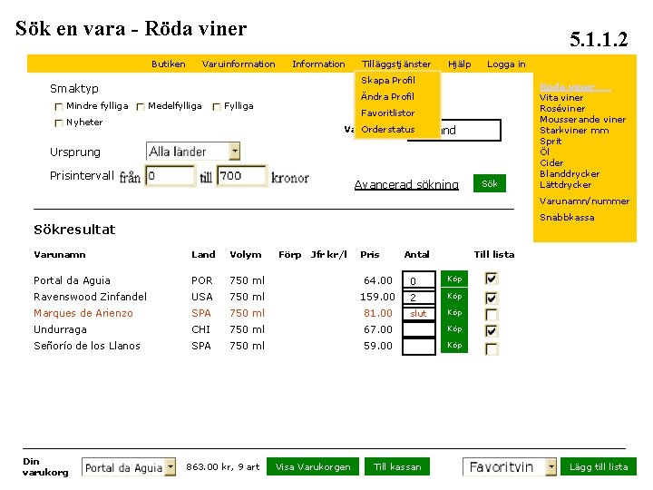 Sök en vara - Röda viner Butiken Varuinformation 5. 1. 1. 2 Information Hjälp