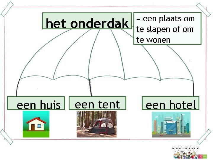 het onderdak een huis een tent = een plaats om te slapen of om