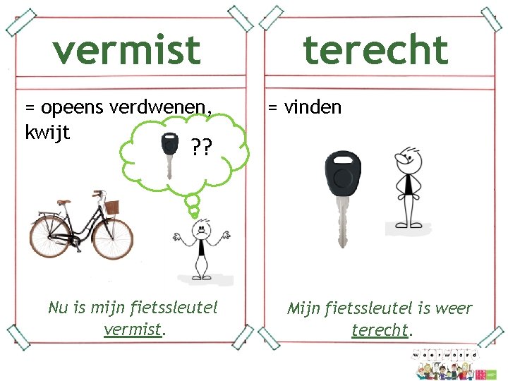 vermist = opeens verdwenen, kwijt ? ? terecht = vinden Nu is mijn fietssleutel