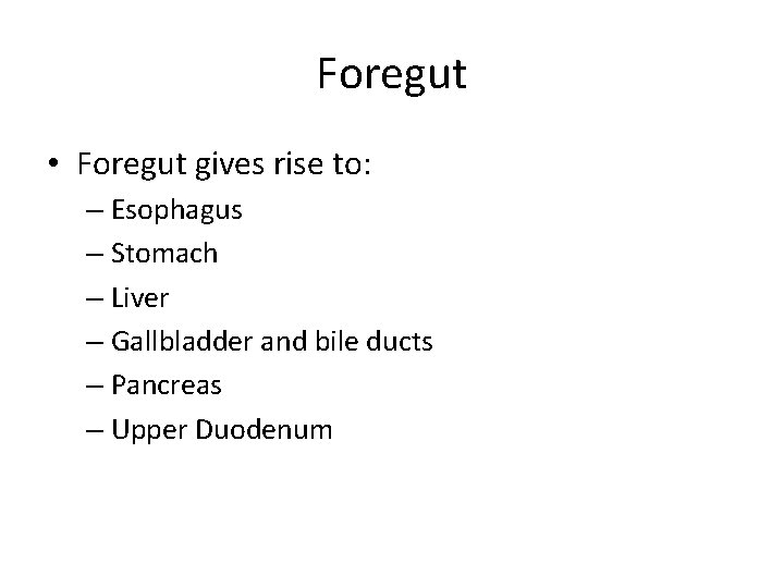 Foregut • Foregut gives rise to: – Esophagus – Stomach – Liver – Gallbladder