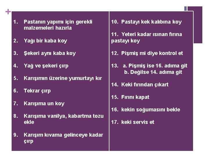 + 1. Pastanın yapımı için gerekli malzemeleri hazırla 10. Pastayı kek kalıbına koy 2.