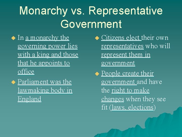 Monarchy vs. Representative Government In a monarchy the governing power lies with a king