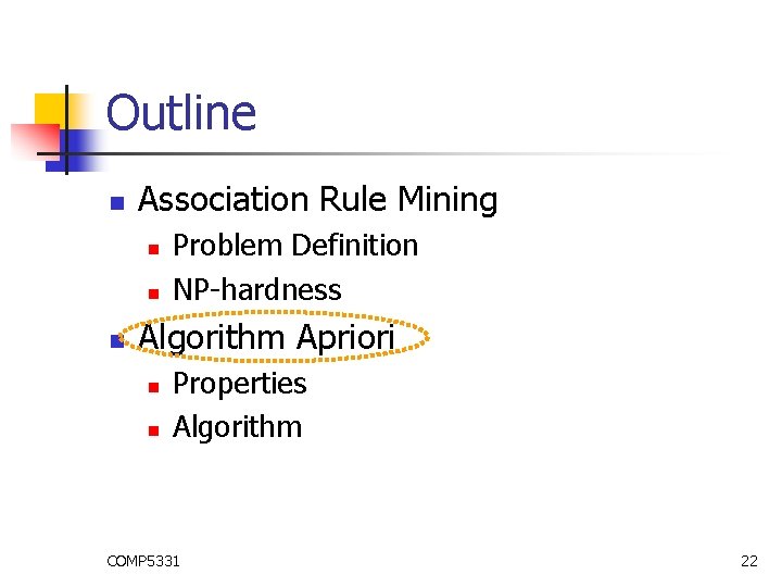 Outline n Association Rule Mining n n n Problem Definition NP-hardness Algorithm Apriori n