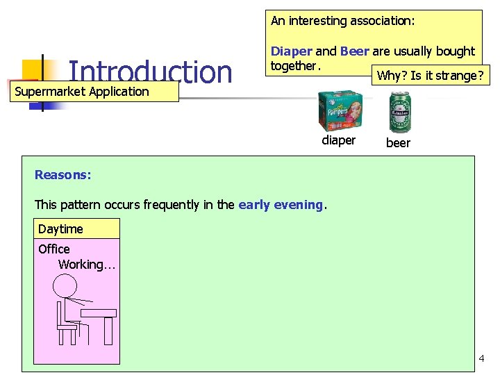 An interesting association: Introduction Supermarket Application Diaper and Beer are usually bought together. Why?