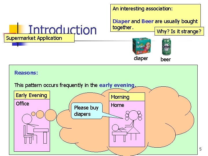 An interesting association: Introduction Supermarket Application Diaper and Beer are usually bought together. Why?