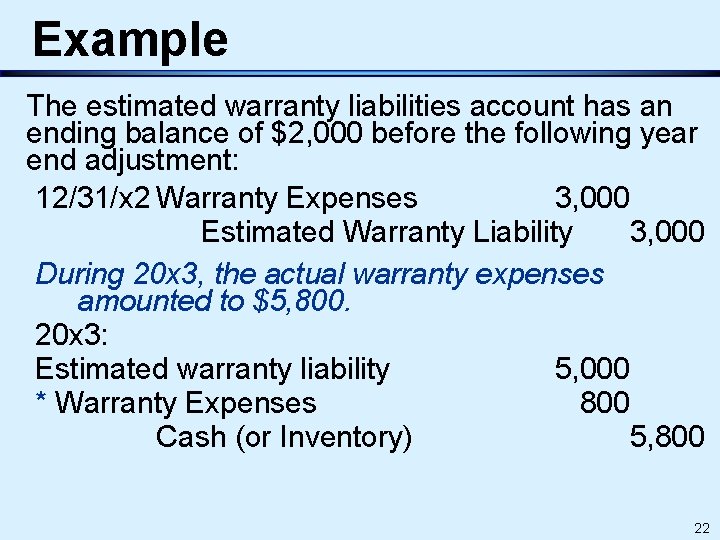 Example The estimated warranty liabilities account has an ending balance of $2, 000 before