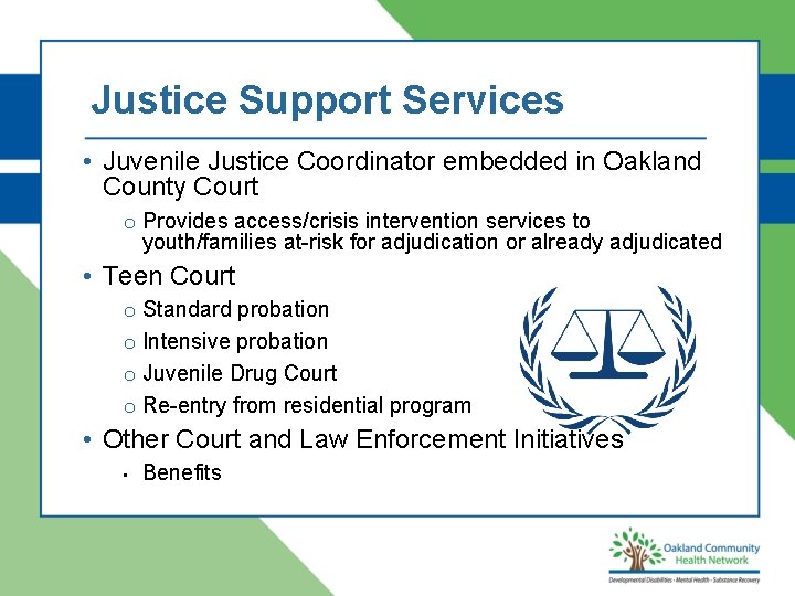 Justice Support Services • Juvenile Justice Coordinator embedded in Oakland County Court o Provides