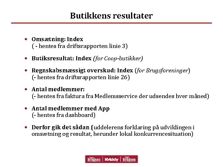 Butikkens resultater · Omsætning: Index ( - hentes fra driftsrapporten linie 3) · Butiksresultat: