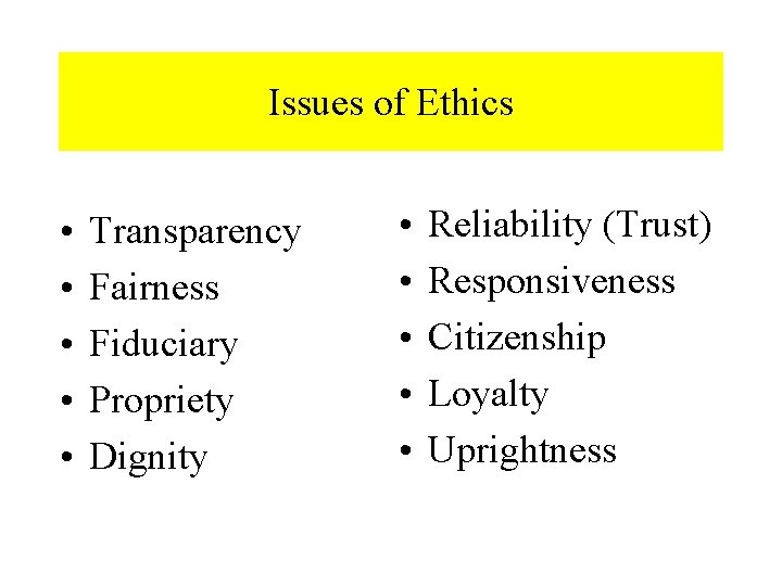 Issues of Ethics • • • Transparency Fairness Fiduciary Propriety Dignity • • •