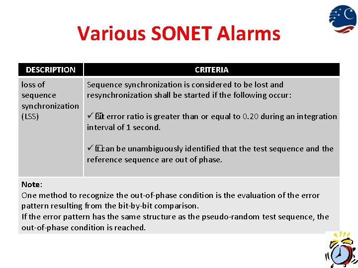 Various SONET Alarms DESCRIPTION CRITERIA loss of Sequence synchronization is considered to be lost