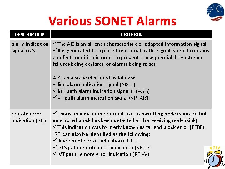 Various SONET Alarms DESCRIPTION CRITERIA alarm indication üThe AIS is an all-ones characteristic or