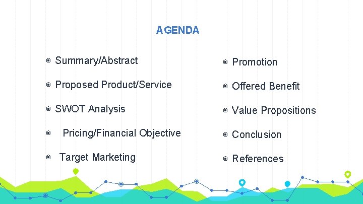 AGENDA ◉ Summary/Abstract ◉ Promotion ◉ Proposed Product/Service ◉ Offered Benefit ◉ SWOT Analysis