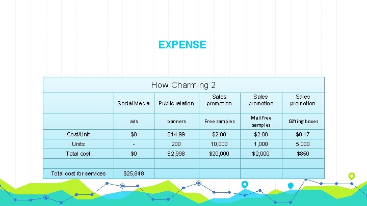 EXPENSE How Charming 2 Social Media Public relation Sales promotion ads banners Free samples